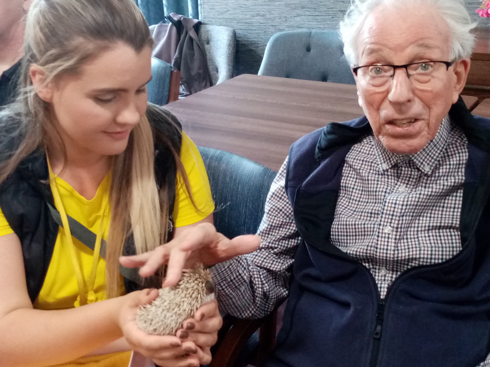 Belong Macclesfield resident Bill Ryall strokes a chinchilla. Bill is pictured with Anna Provart, owner of Inspiring Animal Therapy. (Image - Belong Macclesfield)