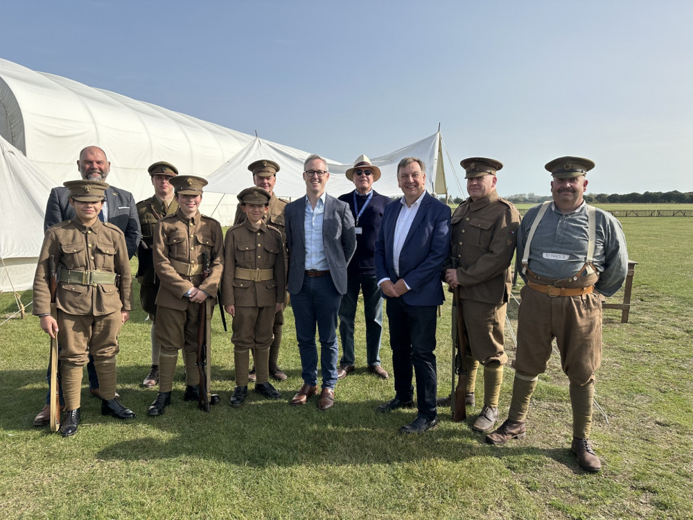 Maldon MP Sir John Whittingdale was pictured with Lord Parkinson, Ian Flint, John Aldridge, and members of the Nimy Company 4RF Living History Group. (Credit: John Whittingdale)