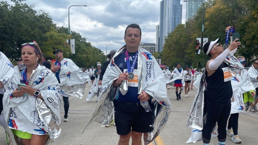 Matt Maslen after completing the Chicago Marathon (Pete's Dragons) Matt Maslen after completing the Chicago Marathon (Pete's Dragons)