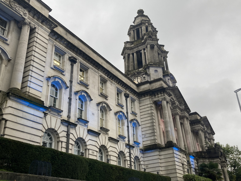 The lights at Stockport Town Hall in Israel’s colours came on at 5pm (Image - Alasdair Perry)