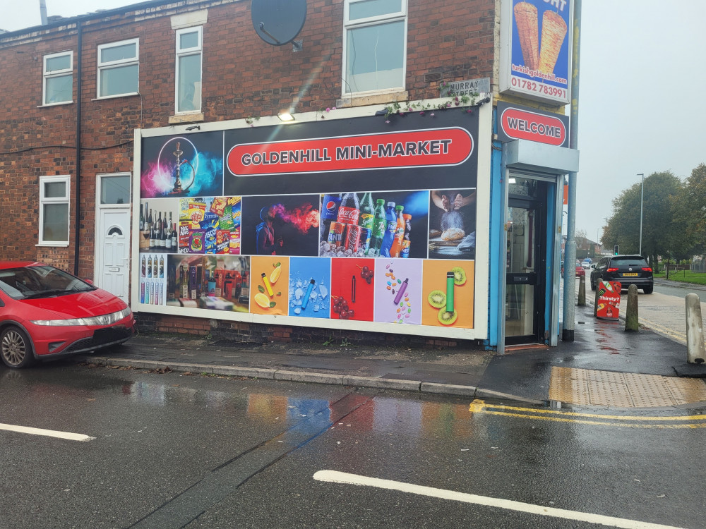 The billboard on Murray Street now advertises Goldenhill Mini-Market instead of The Wild Oatcake (LDRS).