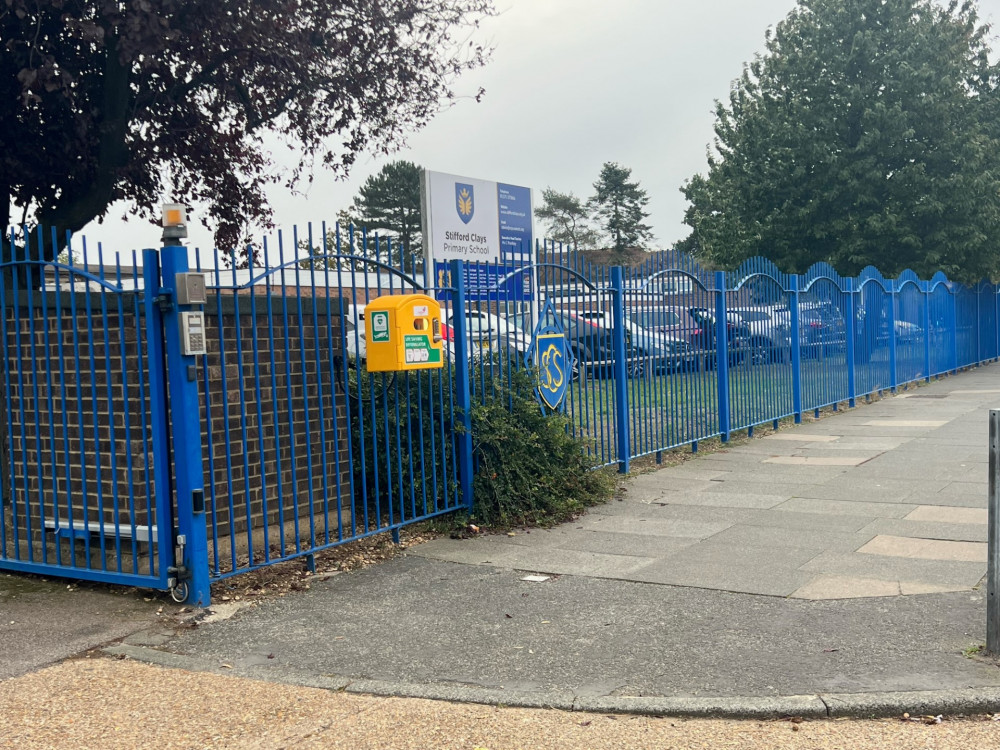 The defib at Stifford Clays School. 