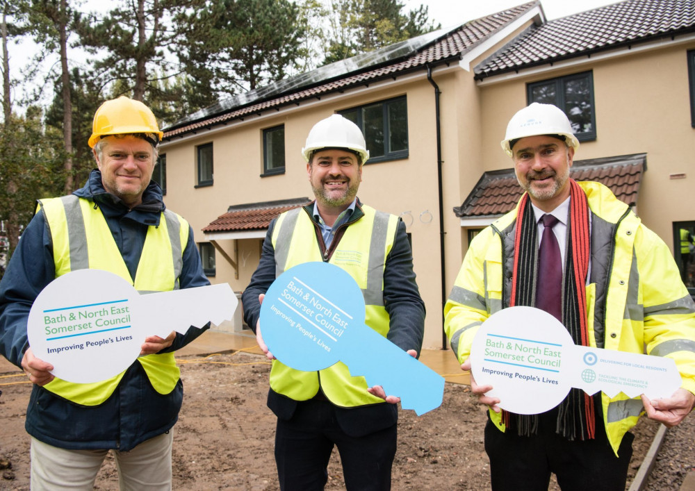 Councillor Matt McCabe (right), council leader Kevin Guy (centre) and Jonathan Poole of Aequus Developments Ltd at the homes in Southdown (Image: Bath and North East Somerset)