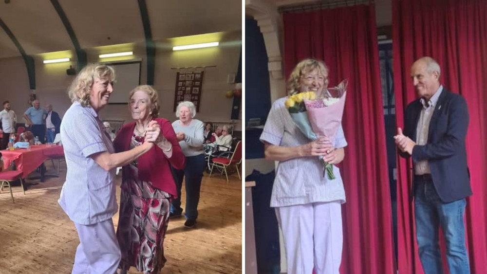 Angela Brooker dancing, left, and receiving flowers from Keith Mills, right (Doveleigh Care) Angela Brooker dancing, left, and receiving flowers from Keith Mills, right (Doveleigh Care)