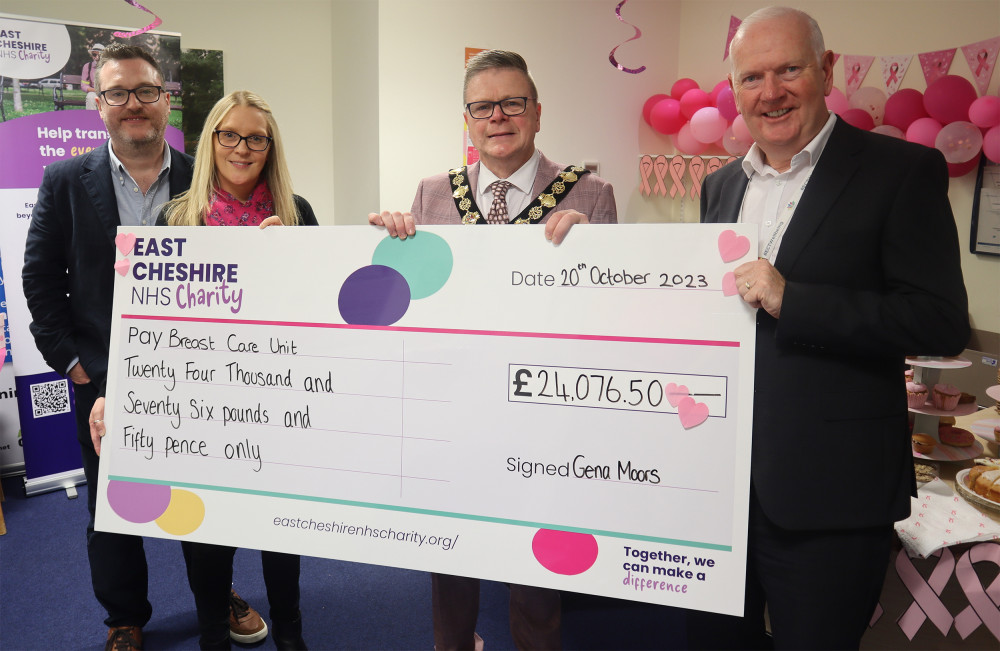 Lisa Kirkup (Associate Director of Operations), Rob and Gena Moors, Cllr Rob Moreton (Mayor of Congleton), Ged Murphy (Chief Executive of East Cheshire NHS Trust), Lorraine Jackman (Director of Corporate Affairs and Governance) and the team from the breast care unit.