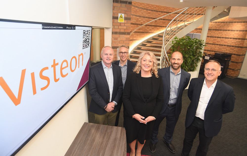 From left: Ian Scott, Andy Morton, Jane Talbot, Gary Waller (program director at Visteon), and Loick Griselain (vice president and general manager of Visteon Europe), at Warwick Innovation Centre (image via PLMR Advent)