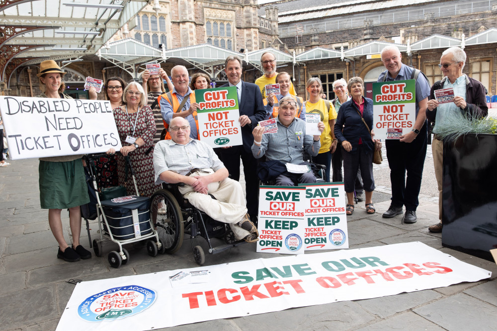 Mayor Norris with campaigners against the closure of ticket offices in the summer