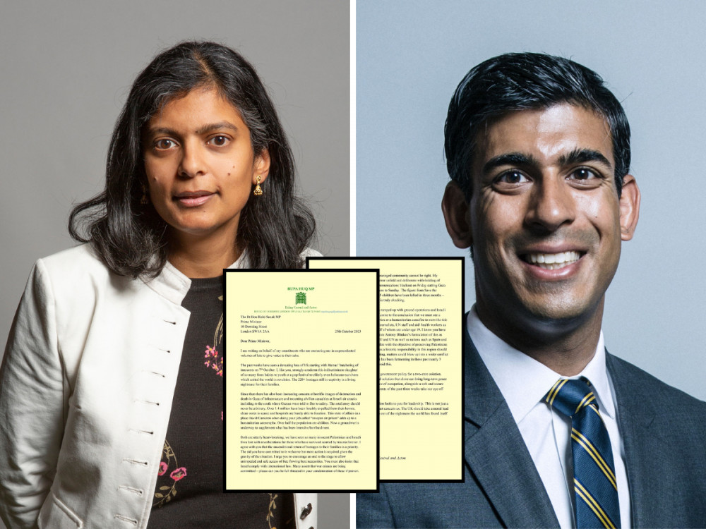 Ealing MP Dr Rupa Huq wrote to PM Rishi Sunak asking for more to be done in conflict between Israel and Hamas (credit: Parliament & Rupa Huq/ X).