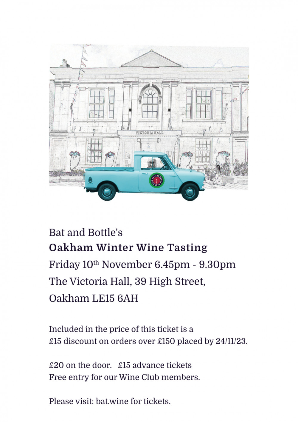 Bat and Bottle Oakham Winter Wine Tasting at The Victoria Hall. Image credit: Bat and Bottle.