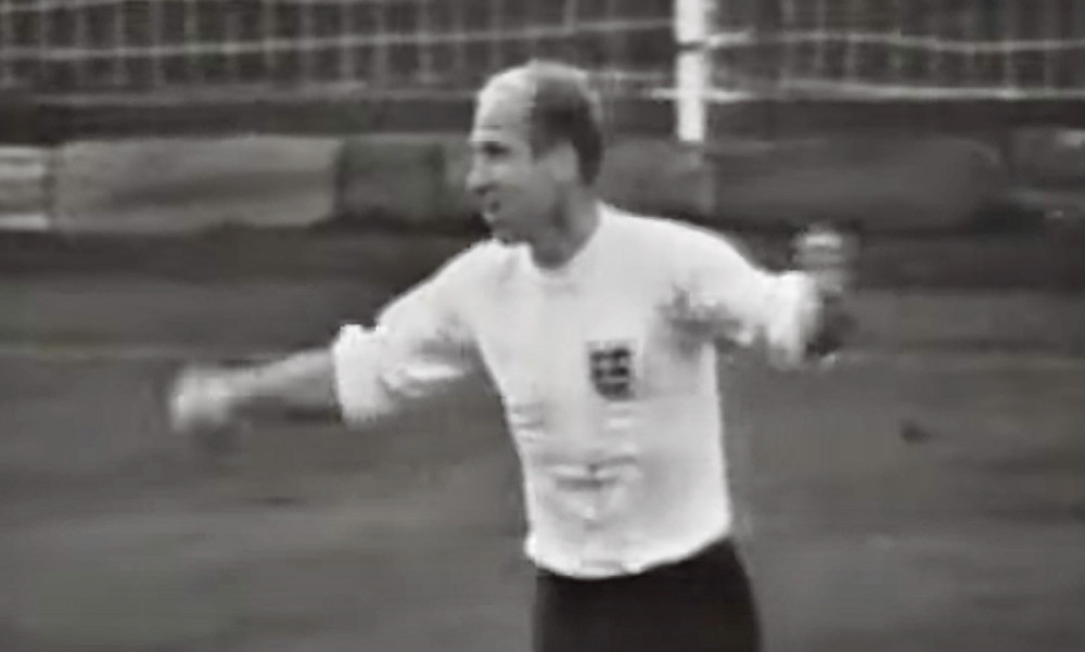 Bobby Charlton celebrates his first goal in the 2-1 victory over Portugal in the 1966 World Cup semi-final. All images courtesy of Mark Laban, Hansons. Bobby Charlton celebrates his first goal in the 2-1 victory over Portugal in the 1966 World Cup semi-final. All images courtesy of Mark Laban, Hansons.