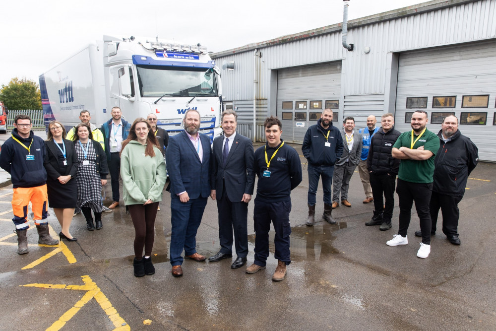 Rob Hazelton (Partners in Bristol head) along with HGV drivers Maddie Scaife (left) and Stan Baker (right) plus Bristol College representatives, HGV trainees and representatives from HGV firms including Wilmotts.