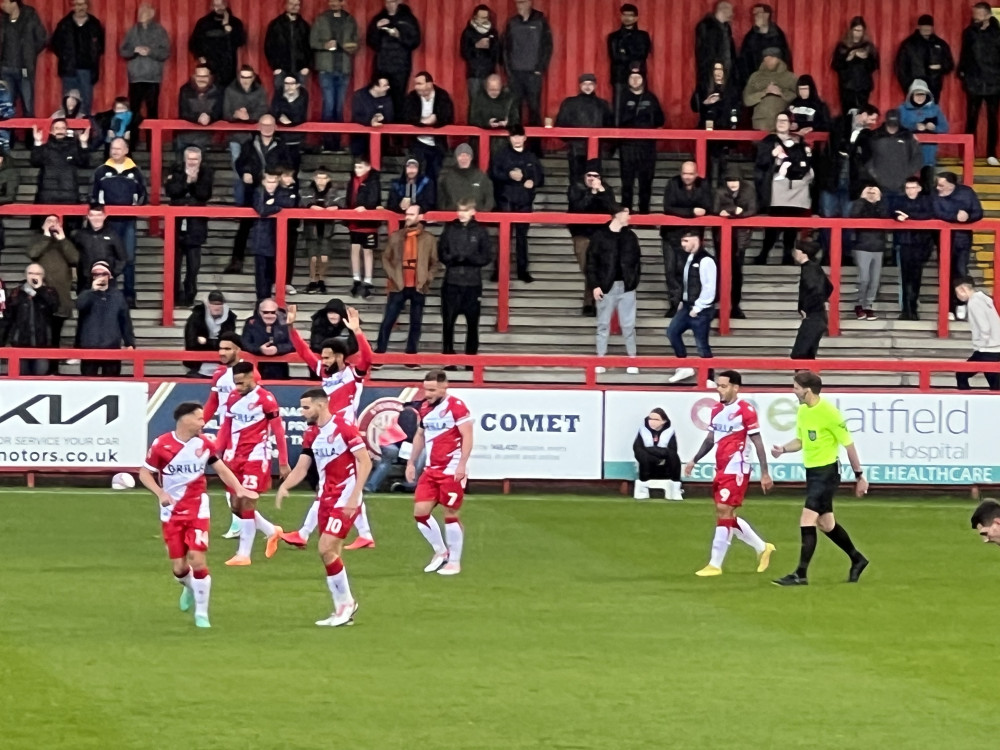 FA Cup: Stevenage 4-3 Tranmere Rovers. PICTURE: The Stevenage team celebrate Jordan Roberts second minute opener at the Lamex on Saturday. CREDIT: Nub News 