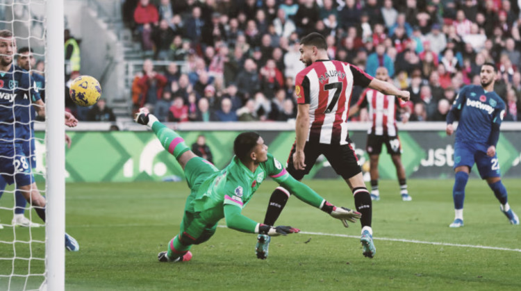 Neal Maupay scores after 35 games in Brentford's 3-2 win over West Ham (credit: Brentford FC).