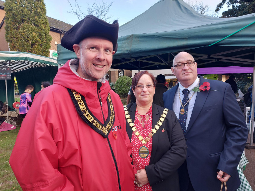 The Mayor of Midsomer meeting B&NES chair Cllr Sarah Moore and her husband Sean at the market in Midsomer Norton on Saturday