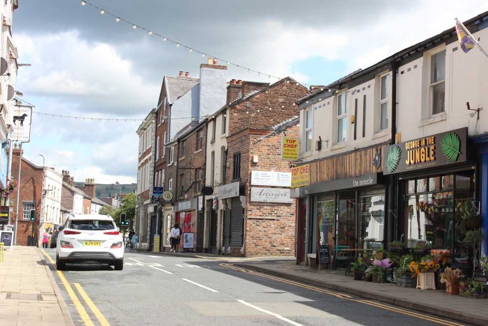 74 and 74b Chestergate (far right) is up for sale in Macclesfield. The shop ran downstairs will remain open, according to the estate agents marketing the property. (Image - Macclesfield Nub News) 