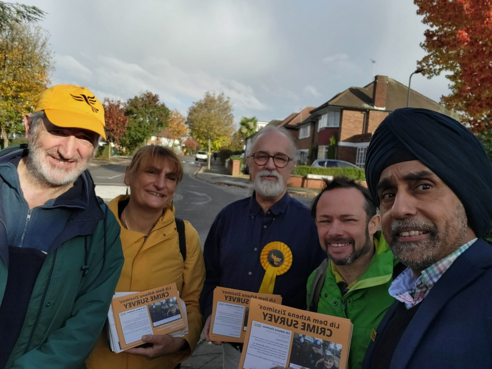 Liberal Democrat Kuldev Sehra (far right) in Hanger Hill recently surveying residents about crime (Image supplied).