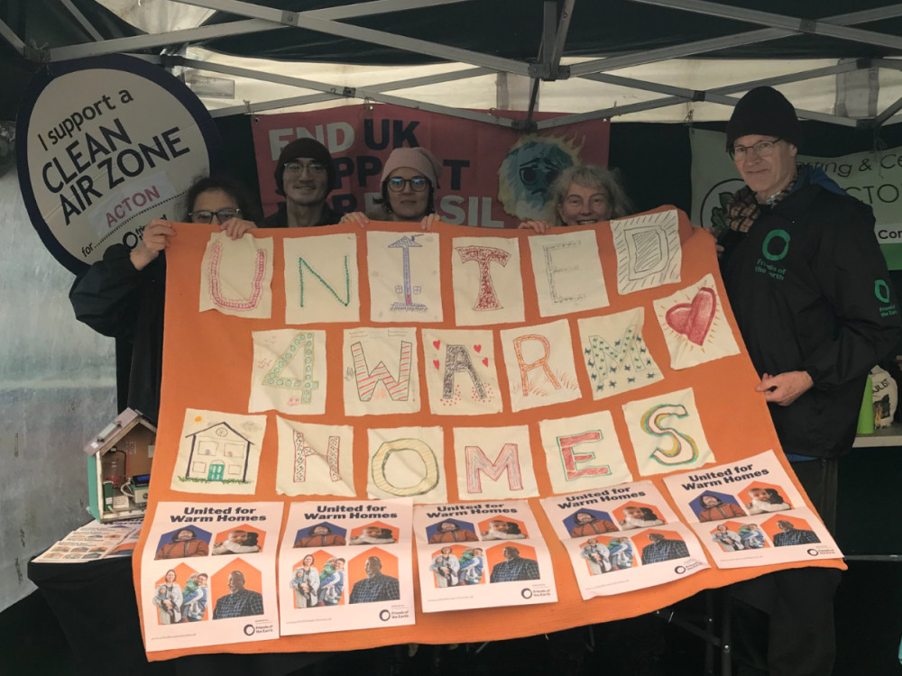 The Ealing Friends of the Earth 'patchwork quilt' was made by members and displayed at their stall at the monthly Reuse and Recycle Hub at Acton Market (credit: FOE Ealing).