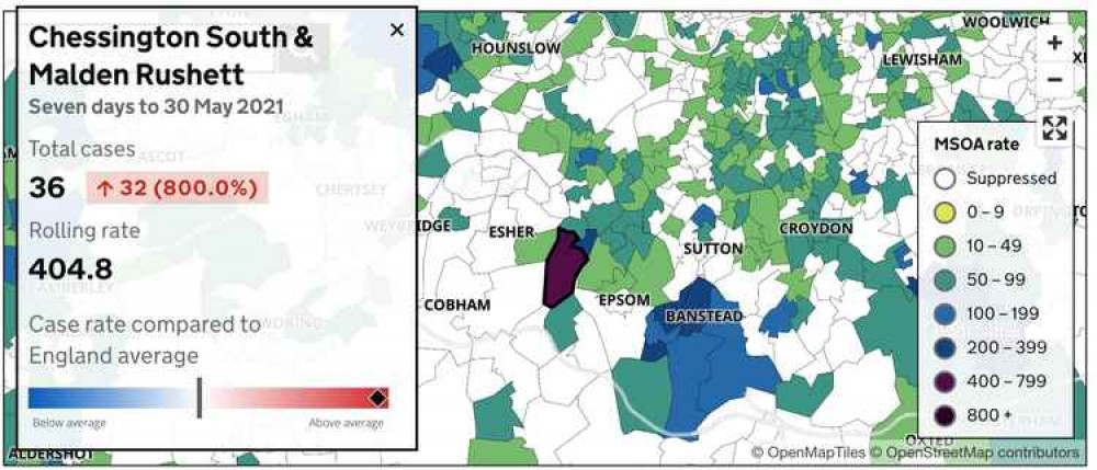 Government data shows that covid infections in Chessington have soared over the past 7 days Government data shows that covid infections in Chessington have soared over the past 7 days
