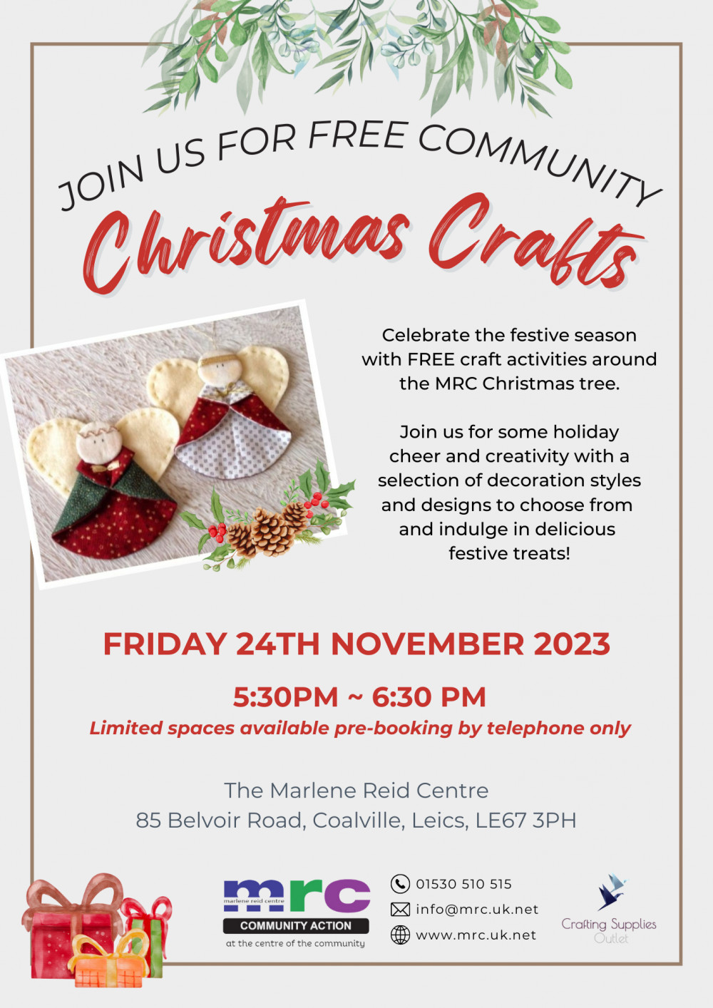 Free community crafting event at The Marlene Reid Centre, 85 Belvoir Road, Coalville