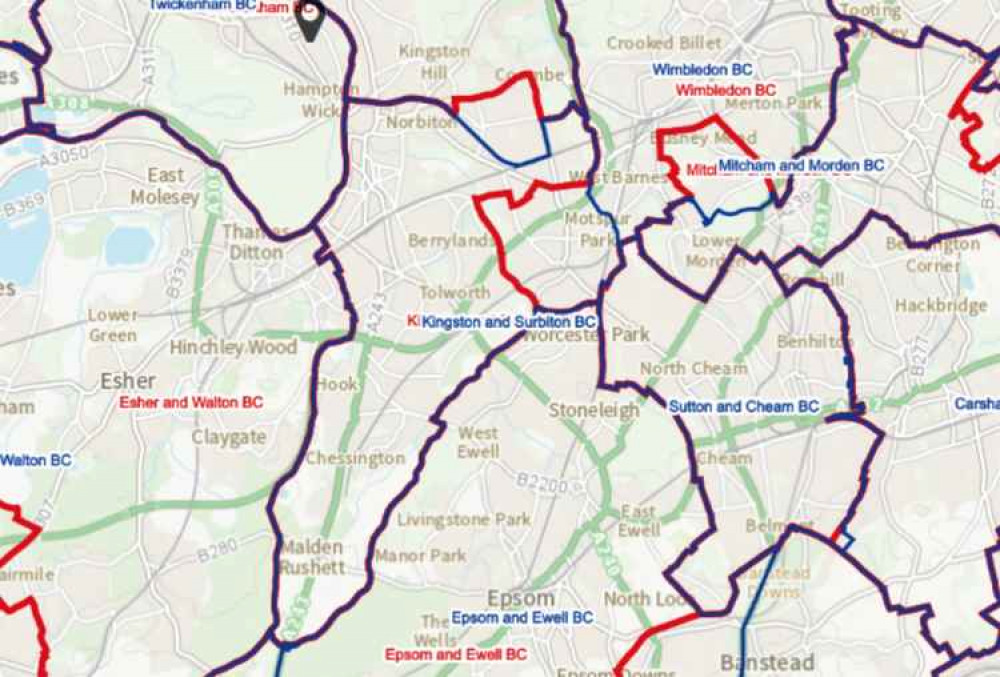 Another map shows the proposals (red) against the current boundaries (purple/blue) / Credit: Boundary Commission for England