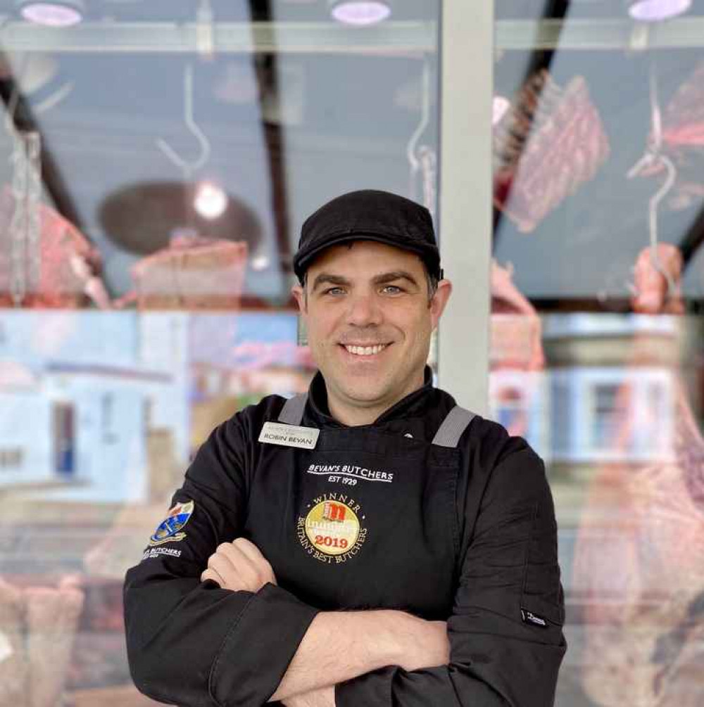 Robin Bevan outside the shop (Credit: Bevan's Butchers)