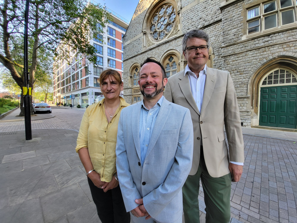 Cllrs Athena Zissimos, Gary Malcolm and Jon Ball outside Victoria Hall (credit: Gary Malcolm).