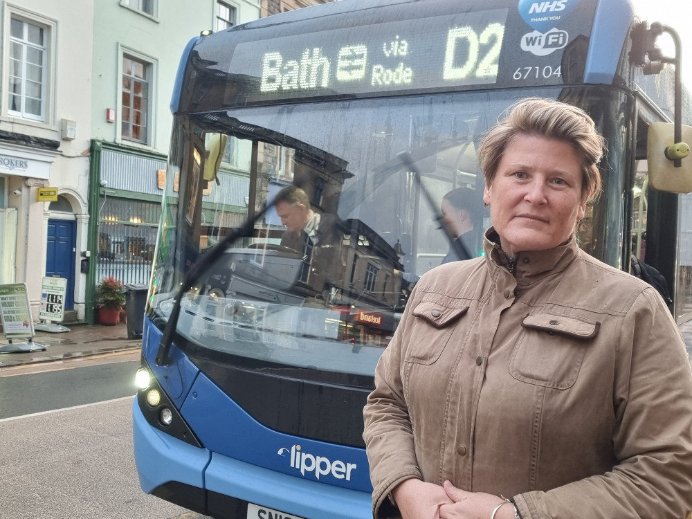 Frome MP Sarah Dyke and the D2 bus in Frome town centre