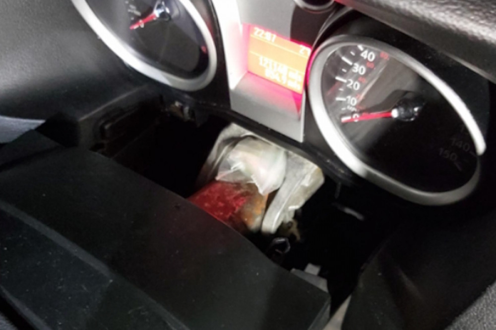 Drugs hidden in a car that was searched by police. 