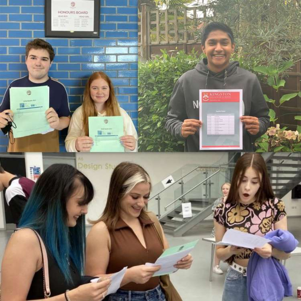 Students from Kingston Grammar School (top right) and Chessington School (top left and bottom) celebrate their GCSE results