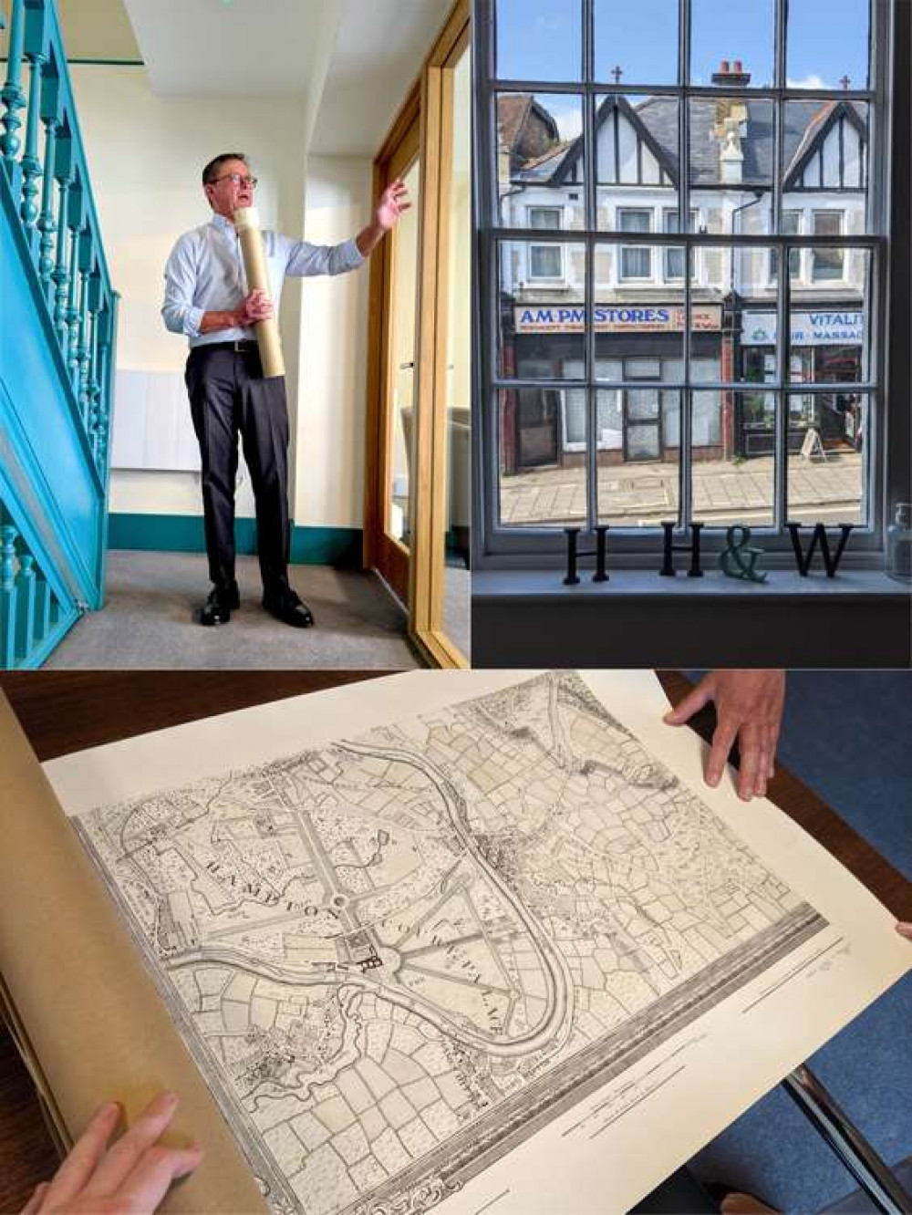 A tour through time: Chris and the Victorian staircase (top left), an original sash window (top right) and the company's old map of Kingston and Hampton Wick (bottom) (Images: Ellie Brown)