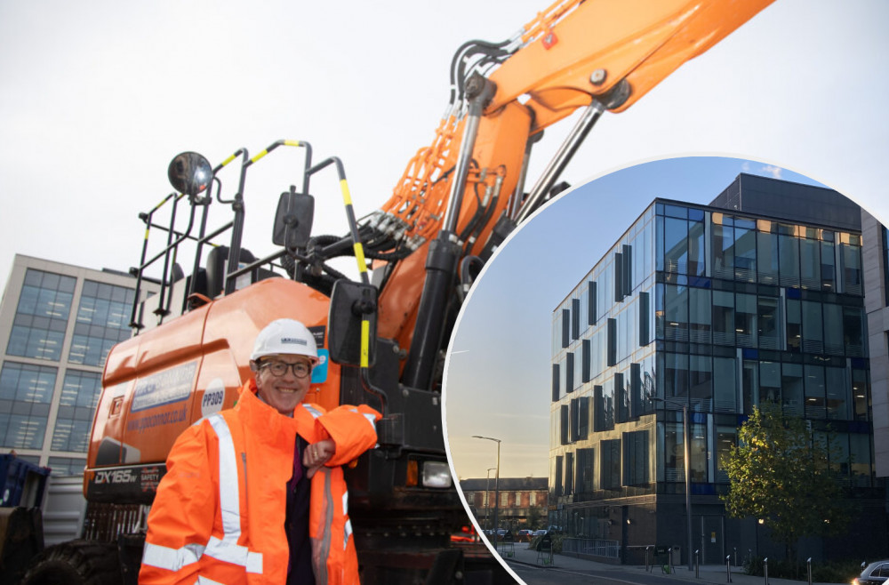 Cllr Mark Hunter, leader of Stockport Council, is pictured here as progress continues on the Stockport Exchange development (Images L-R - Stockport Council, Alasdair Perry)