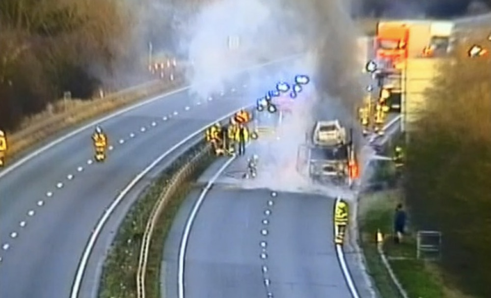 The vehicle fire caused the A42 to be closed in both directions. Photos: National Highways East Midlands