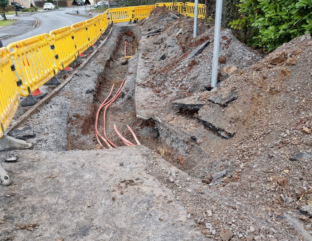 The pavement along Leyes Lane has been dug up for utility works (image via Cllr Zoe Leventhal)