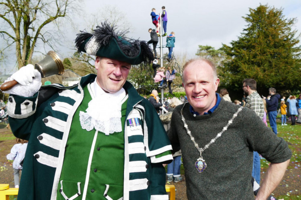 The town crier, and Cllr Matt Harrison, chair of Shepton Mallet Town Council. Credit: SMTC