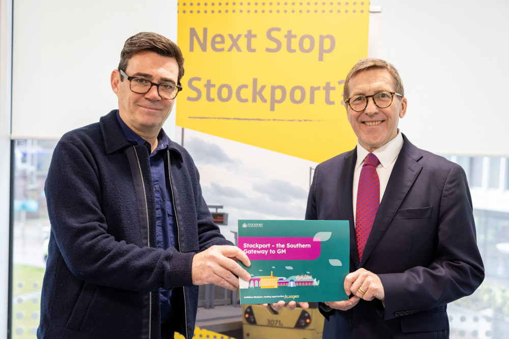 Greater Manchester Mayor Andy Burnham met with Stockport Council leader Mark Hunter and other politicians and business leaders to discuss plans for a Metrolink in Stockport (Image - Stockport Council)