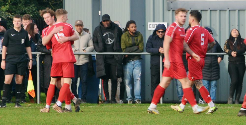 Reece Josselyn congratulated after equalising for Brantham (Picture: Nub News)