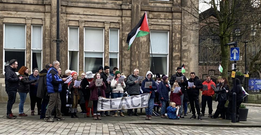 Macclesfield For Palestine sings outside Macclesfield Town Hall. (Image - Macc4Pal)