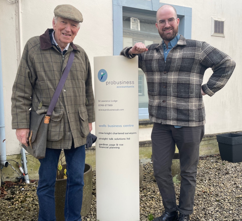 Ross Young at Probusiness in Wells with Dominic Bowe, who was standing in for his father Martin at the photocall