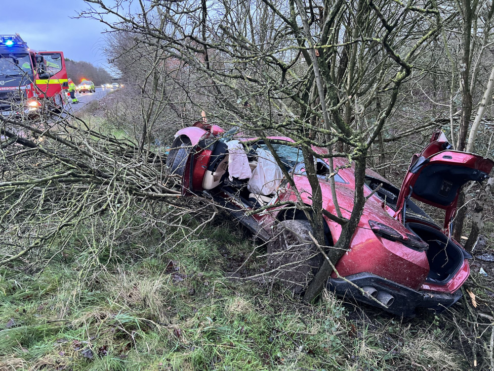 The driver overtook an off-duty police officer before crashing (image via Warwickshire OPU)