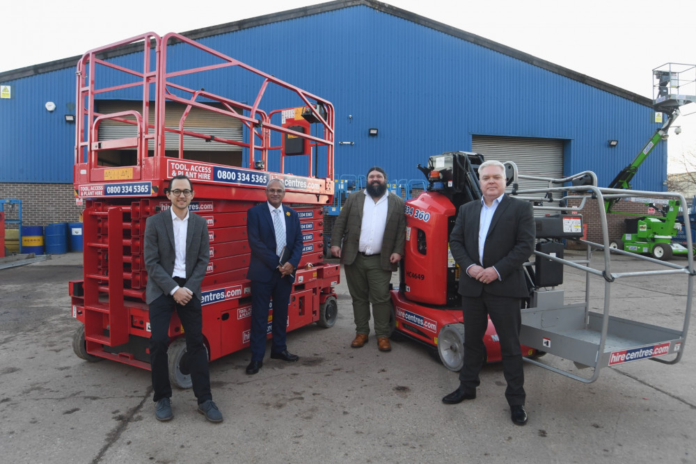 From the left, Simeon Lee (Warwickshire County Council), Jim Vithanage (CW  Growth Hub), Ben Jones (Plantool Hire Centres) and Cllr Martin Watson (Warwickshire  County Council)