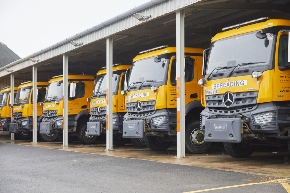 The team of gritting lorries at the depot : File photo from B&NES newsroom