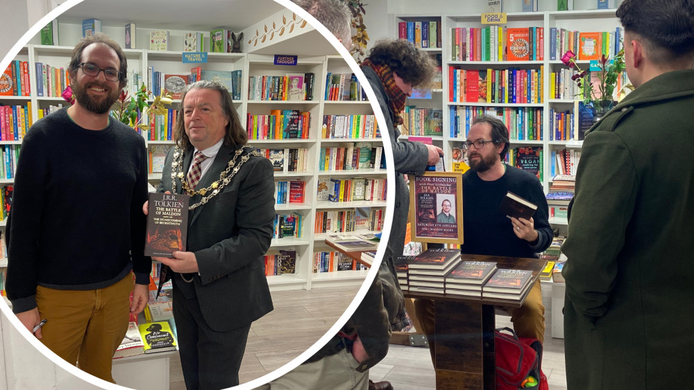 Maldon Mayor, Cllr Andrew Lay, with book editor Peter Grybauskas [left], and Peter signing resident's copies of his book [right] (Photos: Chloe Brewster)