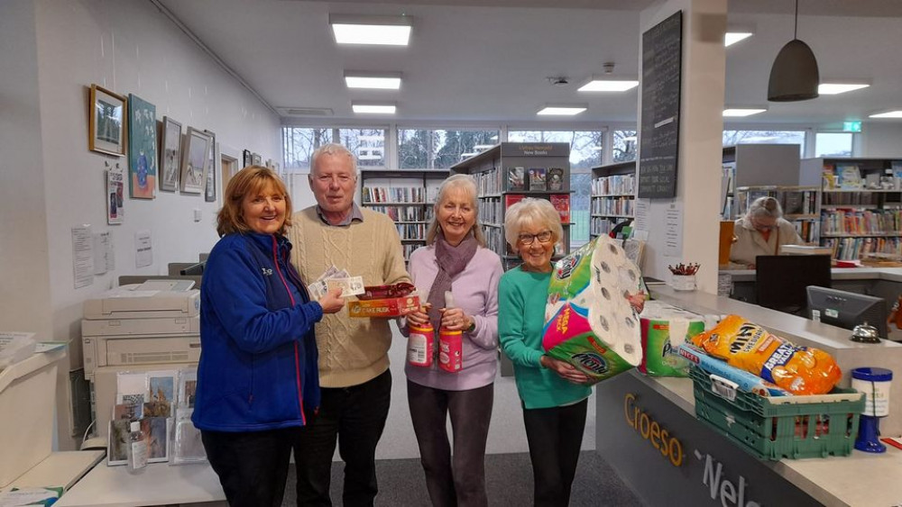 Tesco support for Dinas Powys library. Lynda with volunteers Chris Franks, Sue and Sheila.