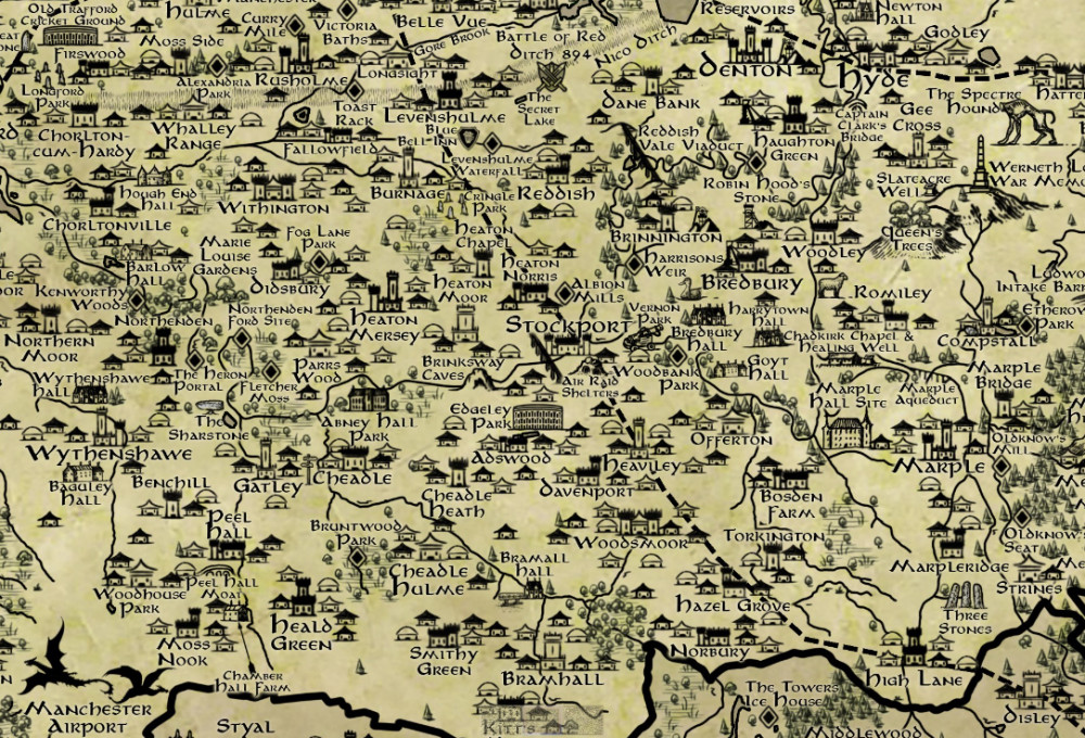 Amateur digital artist Chris James Birse has produced a remarkably detailed map of Stockport and Greater Manchester in a fantasy style (Image - Chris James Birse)