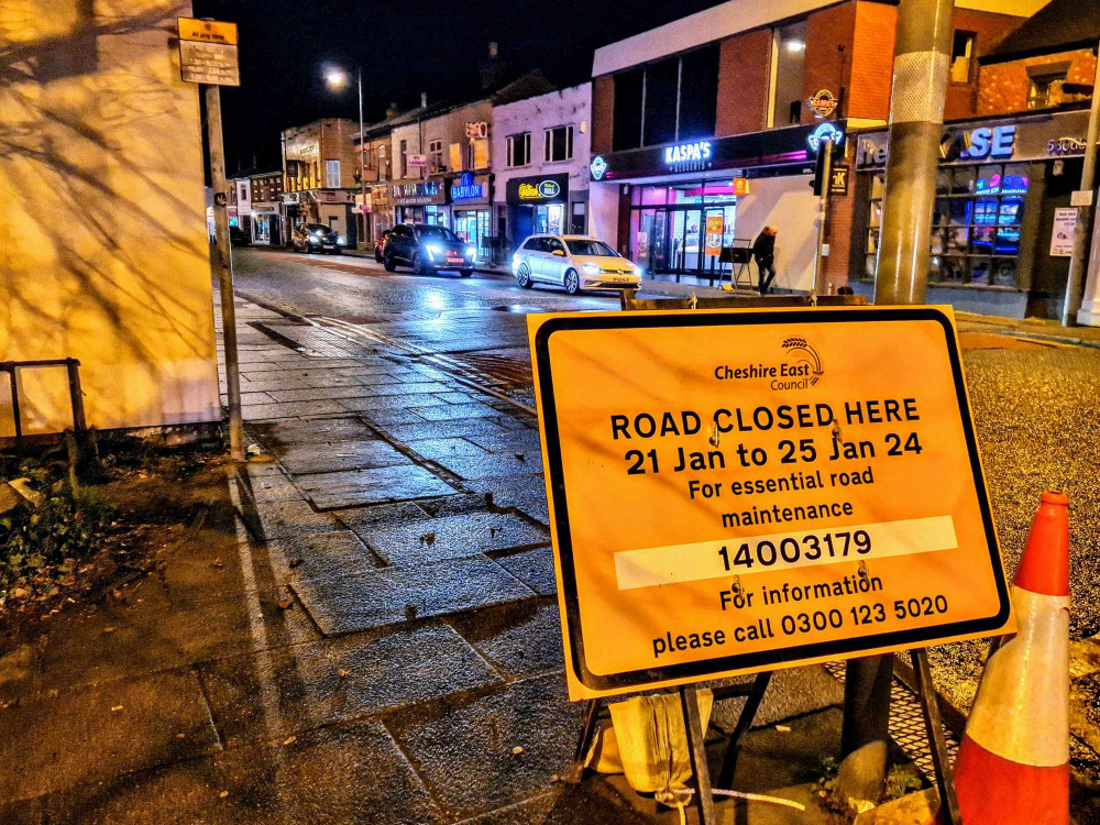 Nantwich Road, between the junction of Smallman Road and Mill Street is closed from 7pm until 6am every night until Thursday 25 January (Ryan Parker).