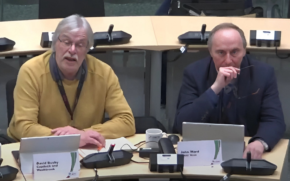 Dave Busby and John Ward at Babergh's Overview and Scrutiny meeting (Picture: LDRS/YouTube)