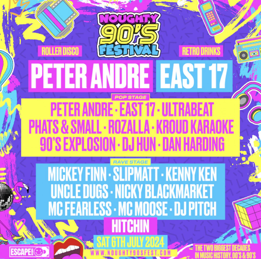 Peter Andre is coming to Hitchin this summer. PICTURE: The line up at the music festival in Hitchin that Peter Andre will headline. CREDIT: Noughty 90s Festival