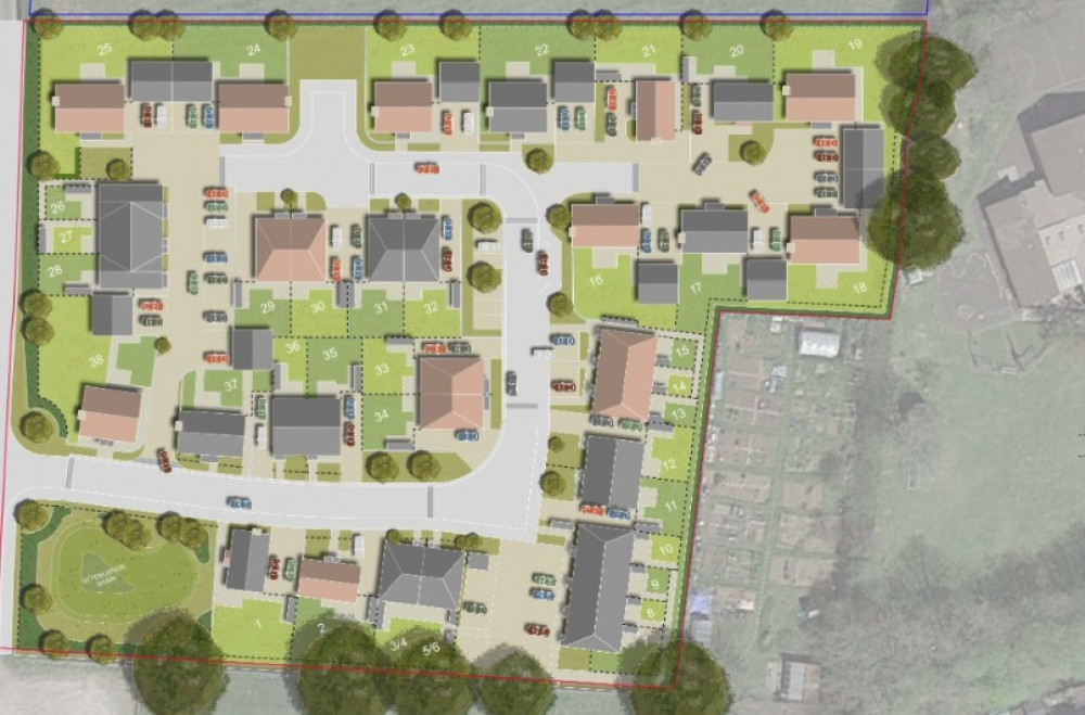 Plans for 38 homes on Frog Lane in Stoke St. Michael. Image, APG.