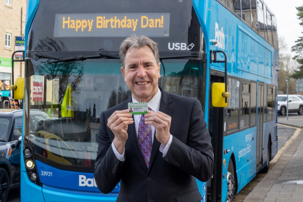 West of England metro mayor Dan Norris with his birthday bus pass in January 2024. Image: WECA