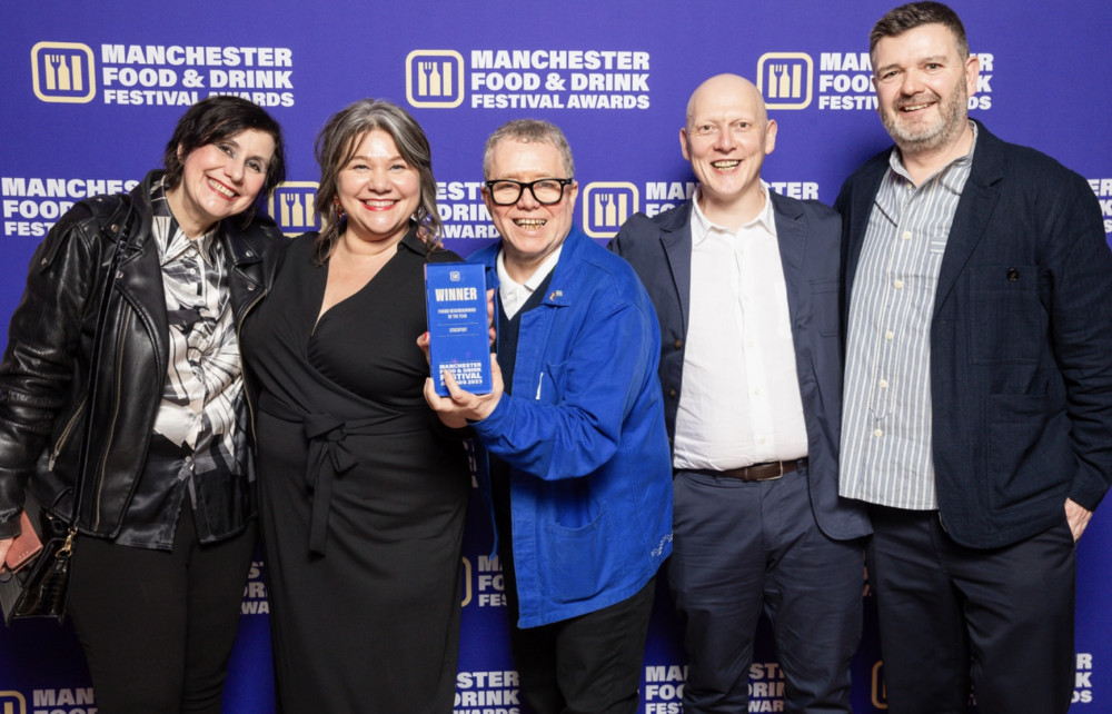 Stockport featured heavily at the 2023 Manchester Food and Drink Festival awards. Stockport nominees left to right; Rosemary Barratt (Foodie Friday), Elise Wilson ( Littlewoods Butchers), John Barratt (Foodie Friday), Marcus Wilson (Littlewoods Butchers), Damian O’Shea (Heaton Hops) (Image - Carl Sukonik The Vain Photos)